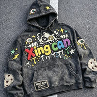 Sweat à capuche oversize délavé à l'acide, broderie chenille multicolore, appliqué graphique de dessin animé, patch œil au poignet