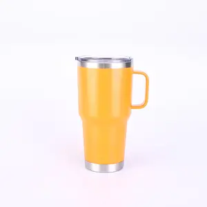 30oz Orange Tumbler With Handle Double Wall Stainless Steel Vacuum Insulated Travel Mug With Splash Proof Lid Metal Straw
