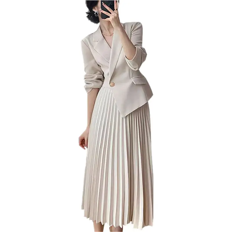 2023 wholesale women's clothing French v-neck high-end long-sleeved elegant office wear pleated skirt PB&ZA suit dress female