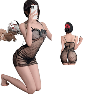 Lencería Sexy <span class=keywords><strong>de</strong></span> Encaje con Tirantes, Lazo, Malla Transparente, Diseño <span class=keywords><strong>de</strong></span> Puntos Ondulados, Sin Aro, Camisón 2603 - Product Image 1