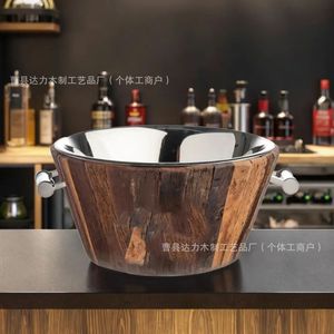 Cubo de hielo de madera de acacia redondo con asa para enfriar bebidas en fiestas - Product Image 4