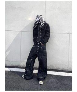 Jean Baggy Noir en Denim Personnalisable avec Double Taille, Boutons et Poches, Denim Noir Uni, Style Streetwear pour Hommes - Product Image 5