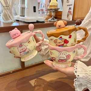 Taza de cerámica con diseño de cachorro Zuo Mu, con tapa y cuchara, taza pintada a mano de gran capacidad para niñas, regalo de desayuno para niños - Product Image 3