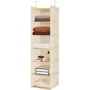 6 Tier Hanging Closet Organizer Cloth <b>Shelf</b> With 2 <b>Hooks</b> Foldable Storage For Bedroom Beige 33x15x85cm Non Woven Fabric - Product Image 1