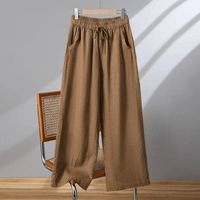 Pantalon large en coton et lin pour femme, style japonais, taille haute, grande taille, avec cordon de serrage, coupe droite, décontracté