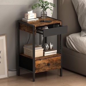 Factory Supply Industrial Brown End <strong>Bedside</strong> <strong>Table</strong> <strong>with</strong> Charging Station Flip Top Drawer Cup Holder Storage <strong>Shelf</strong> - Product Image 1