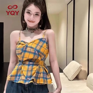 Camisola de Verano Estilo Coreano, Diseño Spice Girl, Corte Ajustado, Contraste de <span class=keywords><strong>Color</strong></span> a Cuadros, Top Sexy y Versátil para Mujer - Product Image 5