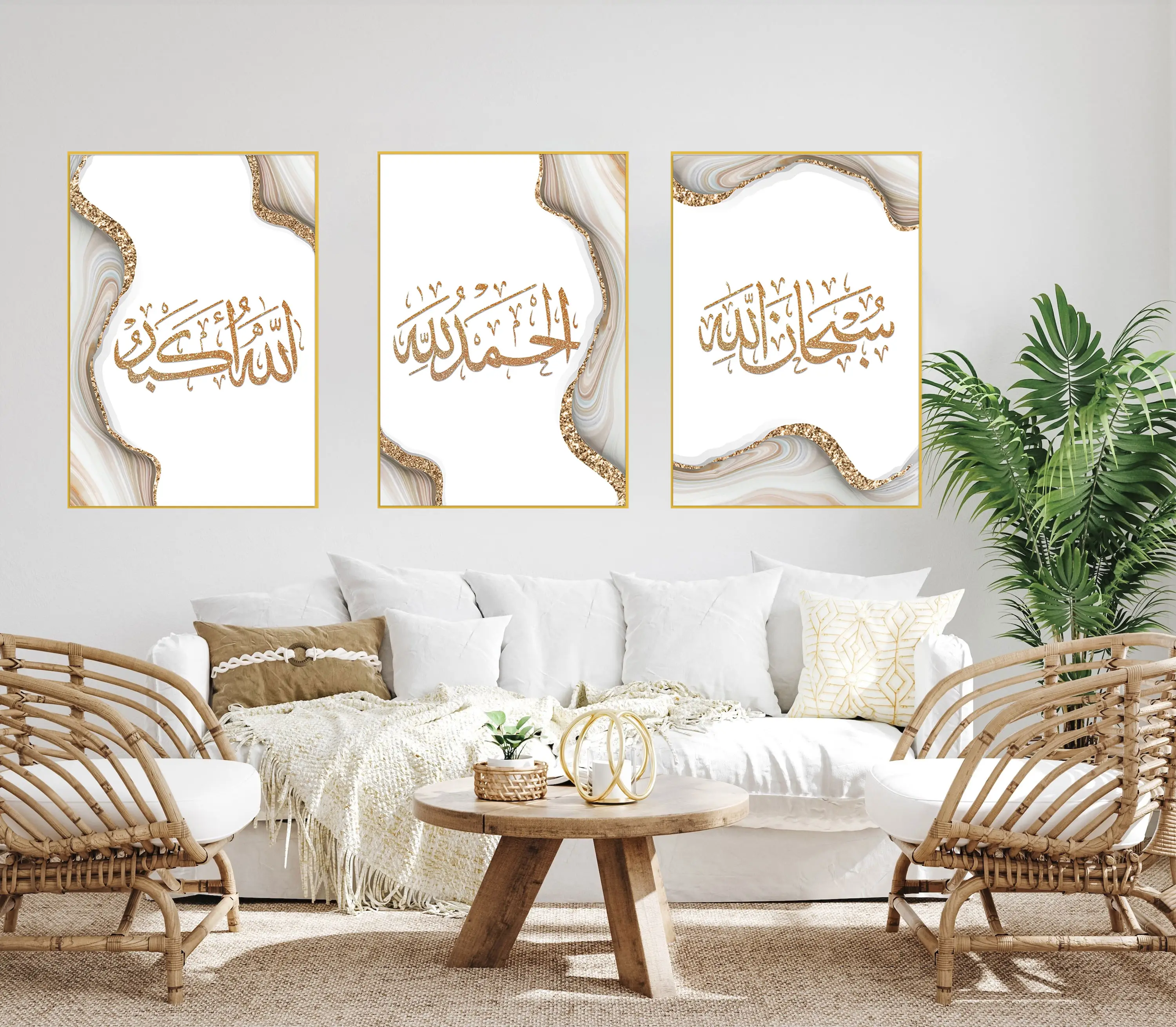 Kaligrafi Islam abstrak Allah emas poster marmer seni dinding Modern ruang tamu dekorasi lukisan kanvas cetak gambar