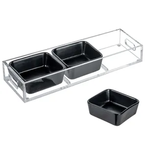 Premium Clear Acrylic Appetizer Serving Tray with 3 Small Modern Matte Black Square Ceramic Ramekin Dipping Bowls