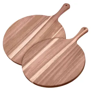 2 pièces de planche ronde en bois d'acacia 12 ''Planche à découper en bois Pizza Peel Cheese Paddle avec poignée pour la pâtisserie domestique