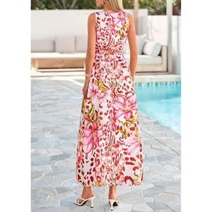 Robe florale pour femme, sans manches, col bénitier, longue, coupe trapèze, en mousseline, idéale pour les occasions formelles, les mariages ou l'été - Product Image 4