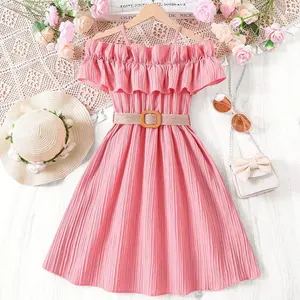 7 colors Children's Clothing Suspender Lace off shoulder casual summer girl dress with belt beach youth girl teenage dress