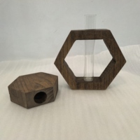 Ornamen Kayu Heksagonal Tabung Kaca Bening Penyangga Kayu Solid Pot Bunga Meja Vas untuk Dekorasi