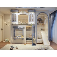 Lit mezzanine en bois massif confortable pour enfant JS Blue Castle, pour fille, avec bureau et bibliothèque pour l'étude et le sommeil, meubles de chambre pour filles