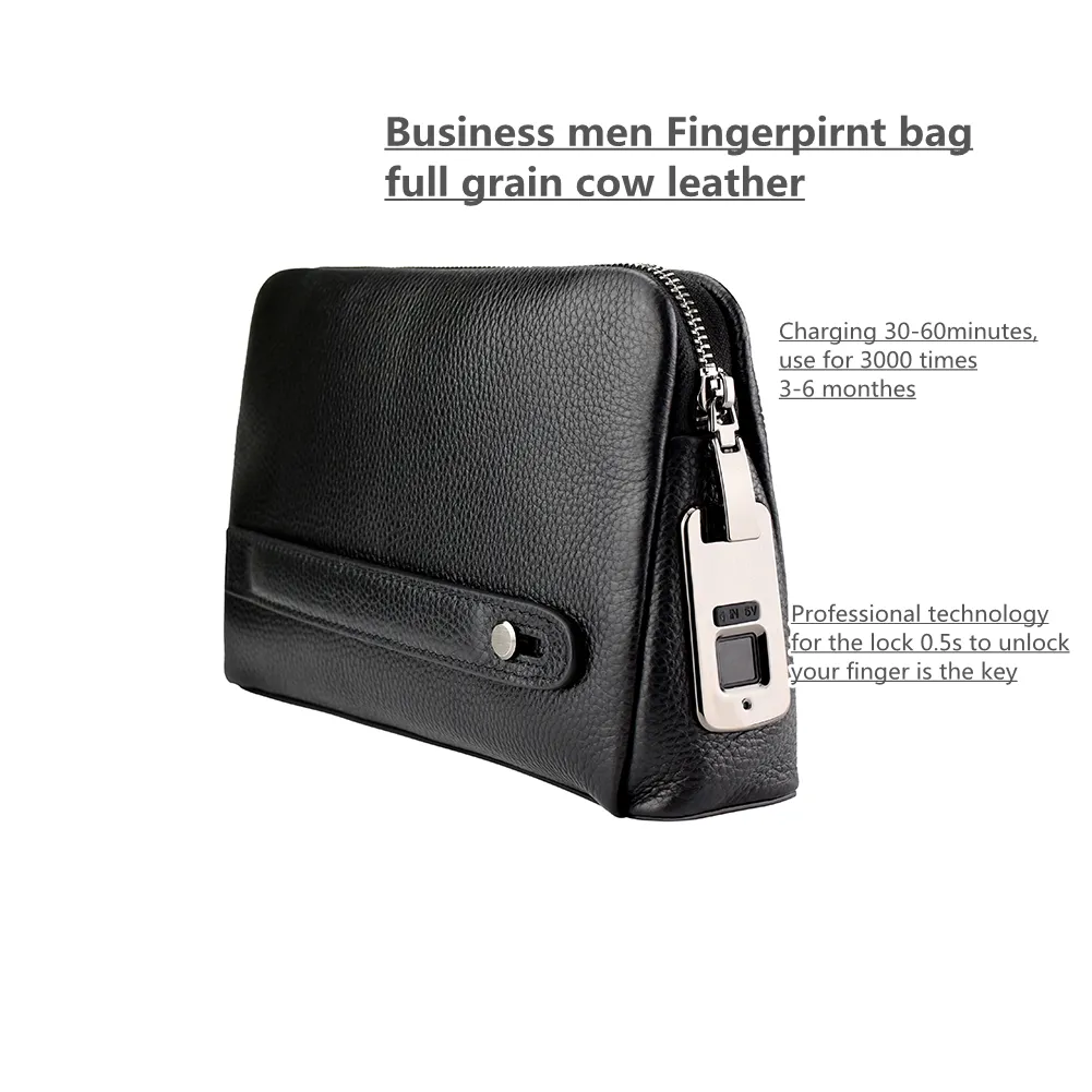 With Smart Lock Usb Charge with Zip Unlock by Fingerprint Handbag Male Business Bags Made by GENUINE Leather Fashion Men Black