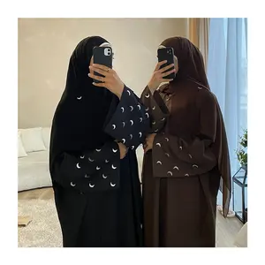 2024 New Latest Turkey EID Modest Dubai for Girl Kimono Muslim Women Dress Cute Moon Embroidery Sleeves Linen Open Abaya