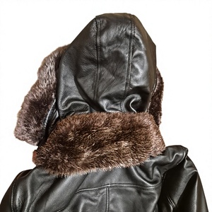 Blouson aviateur en cuir véritable pour homme, à capuche, doublure en fourrure, fermeture éclair - Product Image 4