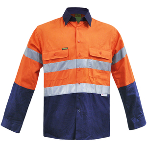 100% <span class=keywords><strong>coton</strong></span> 150gsm Twill Hi Vis chemise de travail à manches longues vêtements de travail de sécurité avec bande réfléchissante 2 tons chemise de travail - Product Image 1