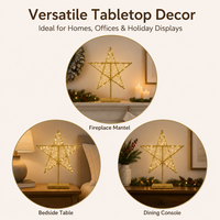 Ornement de table étoile dorée en fer éclairé avec cadre ajouré et guirlande LED blanc chaud pour présentoir de buffet ou étagère du Ramadan