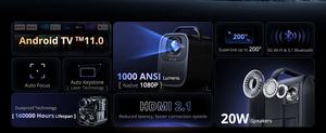 Pour <span class=keywords><strong>Amazon</strong></span> Best-seller 1080P 1000 ANSI haute luminosité Android TV 11 certifié Google 5G WiFi Portable 4K projecteur Home cinéma - Product Image 2