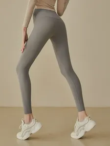 High Waist Full Length <b>Seamless</b> Yoga <b>Leggings</b> Solid Gray Four-Way Stretch Women's Activewear Pants - Product Image 2