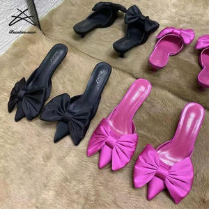 Sandales d'été à talons courts pour femmes, nœud papillon, Satin soie, talons hauts pour dames, <span class=keywords><strong>chaussures</strong></span> pour femmes, pantoufles - Product Image 1