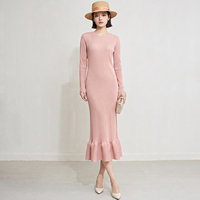 Robe midi plissée à col rond pour femme, manches longues, silhouette sirène, plissé vertical, ourlet évasé, élégante, style boutique, robe de soirée