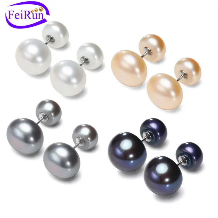 8mm&11mm button shape 3A grade double side natural real big freshwater fresh water pearl stud earring