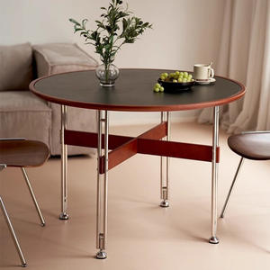 Mesa de Comedor Redonda de Madera Maciza con Patas de Acero Inoxidable, Estilo Moderno de Mediados de Siglo, para Apartamentos Pequeños, Estructura Estable con Marco de Caja - Product Image 3