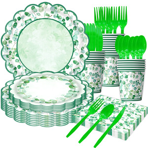 Ensemble de fournitures de fête à thème feuilles d'eucalyptus, 80-100 pièces, vaisselle en plastique, décorations d'anniversaire, thème vert sauge - Product Image 1