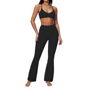 Ensemble de yoga 2 pièces : Leggings taille haute et soutien-gorge de sport dos nu à col en V profond, sans couture, noir uni, respirant, pour l'entraînement - Product Image 1