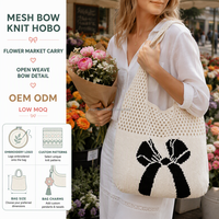 Sac Hobo en Maille Tricotée avec Nœud, Motif Jacquard Ruban Noir Ivoire, Sac à Bandoulière Plat, Sac de Marché Floral, Personnalisable avec Logo, Faible MOQ, B2B
