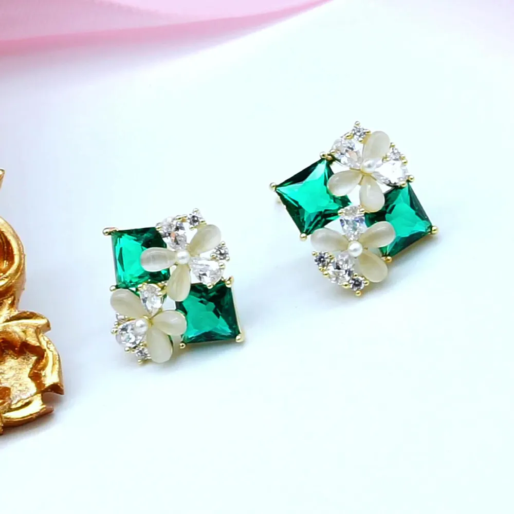 Green Crystal Earrings Flower Stud, Pretty Flower Earring