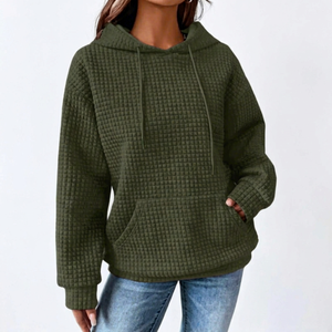 Sudadera con Capucha para Mujer, Color Verde Oliva, Tejido Waffle, Casual, Ecológica, con Bolsillos, Corte Holgado, para Primavera/Invierno - Product Image 3