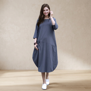 Robe midi décontractée pour femme, coupe ample, col en V, coupe trapèze, avec poches, épaules tombantes, manches cloche, 100% Coton, style vintage, nœud, taille haute, faite main - Product Image 3