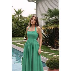 Robe en lin vert à col halter, coupe trapèze, taille naturelle, respirante, pour tenue décontractée - Product Image 4