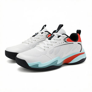 Chaussures de tennis blanches en mesh pour hommes avec accents rouges et bleus, lacets, semelle extérieure en caoutchouc respirante, baskets de sport d'été - Product Image 1