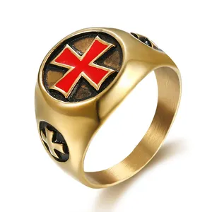 Custom Stainless Steel Jewelry 18K Gold Mens Red Enamel Cross Ring Maltese Celtic Apostles Rings
