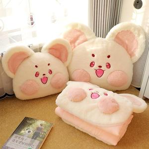 Cute Animal Plush Pillow Quilt Two In One Folding Car Office Nap Blanket Backrest Cushion Unisex Soft Fluffy Green Mouse Design - Product Image 3
