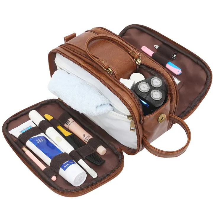 Commercio all'ingrosso Personalizzato Dopp Organizer Kit Da Viaggio Da Barba Del Cuoio Genuino Sacchetto Cosmetico Borsa Da Toilette Per Gli Uomini