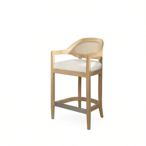 Sgabello da bancone moderno americano con schienale in canna, 26 pollici, in tessuto bouclé bianco avorio, per sala da pranzo - Product Image 1