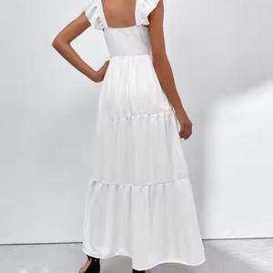 Vestido Elegante de Lino Blanco para Mujer, Estilo Veraniego, Cuello Cuadrado, con Volantes, Midi Holgado, Cintura Alta, Casual, para Damas - Product Image 3