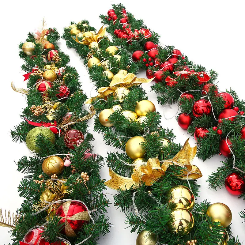 Guirnalda navideña de oro rojo de lujo, 9 pies, preiluminada, con adornos de bola inastillables