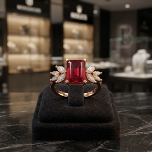 <b>Emerald</b> Cut Red Ruby Claw Setting <b>Ring</b> Marquise Side Diamonds for Women 10K 14K 18K Gold 925 935 <b>Silver</b> Wedding Party - Product Image 1