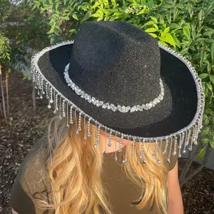 Chapéu cowgirl para festa de casamento, chapéu preto oeste strass com franja cowboy