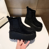 Bottines Chelsea à plateforme pour femmes avec strass, semelle épaisse, soufflet élastique, bottines à la mode scintillantes, noires