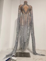 Robe de soirée longue en strass transparents argentés avec franges pour femme, robe de cérémonie formelle pour fête, célébration, performance