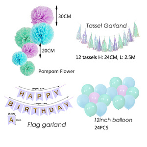 Eastern Fancy Paper Mermaid Themed Birthday Party Decoration Kit Pompoms <strong>Tassels</strong> <strong>Balloons</strong> Light Purple/Light Blue/Mint Wall - Product Image 3