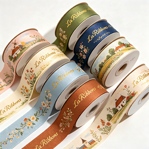 Elegant European Pastoral Landscape Grosgrain Ribbon Gold Floral Print Decor Ribbon for Wedding Bouquet Gift <b>Box</b> Bow Craft - Product Image 1