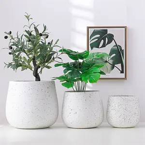Nordic minimalist round outdoor white fiberglass terrazzo cement planter house plant pots decorative garden flower pot